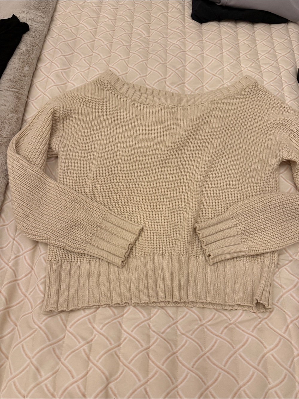 Nasty Gal Cream Off-Shoulder Ribbed Knit Sweater